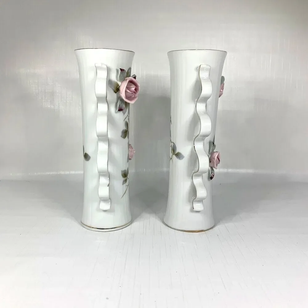 Vintage 1950s Cottagecore Porcelain Vases Shabby Decor Feminine Roses Set of 2